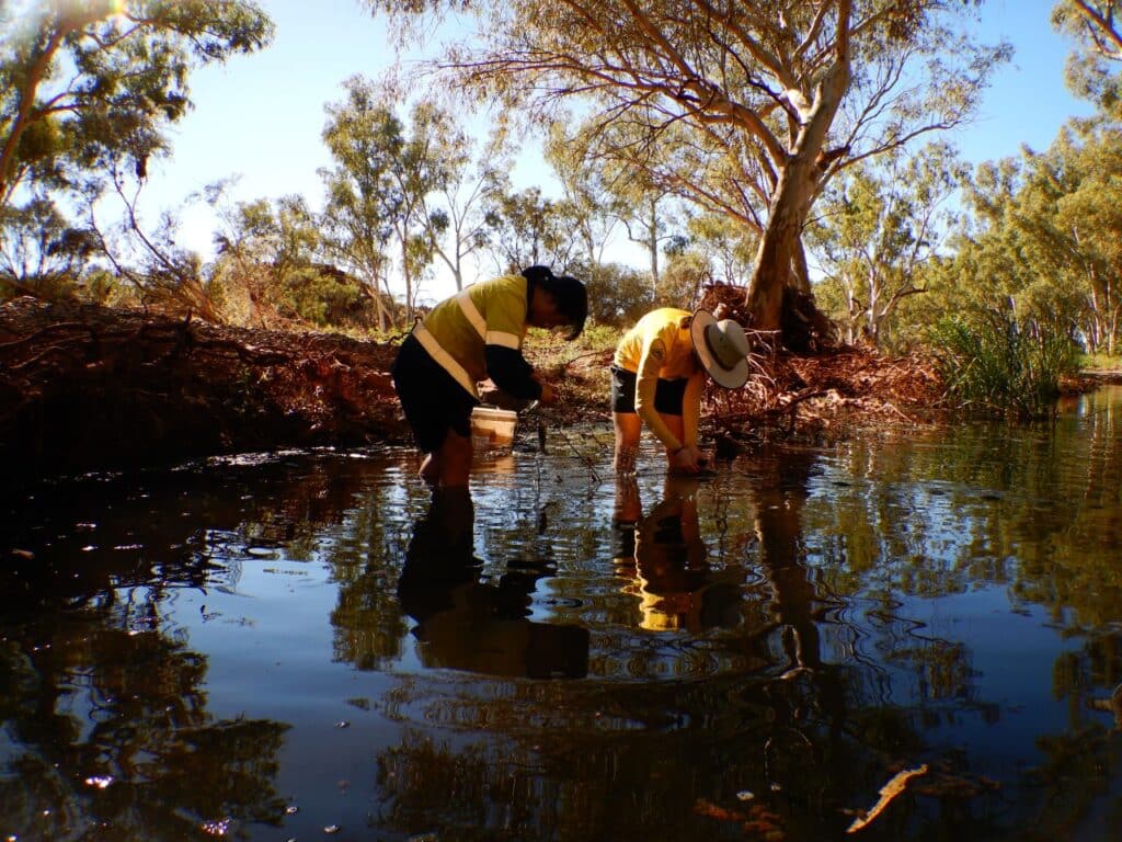 Image of two women in river doing field work